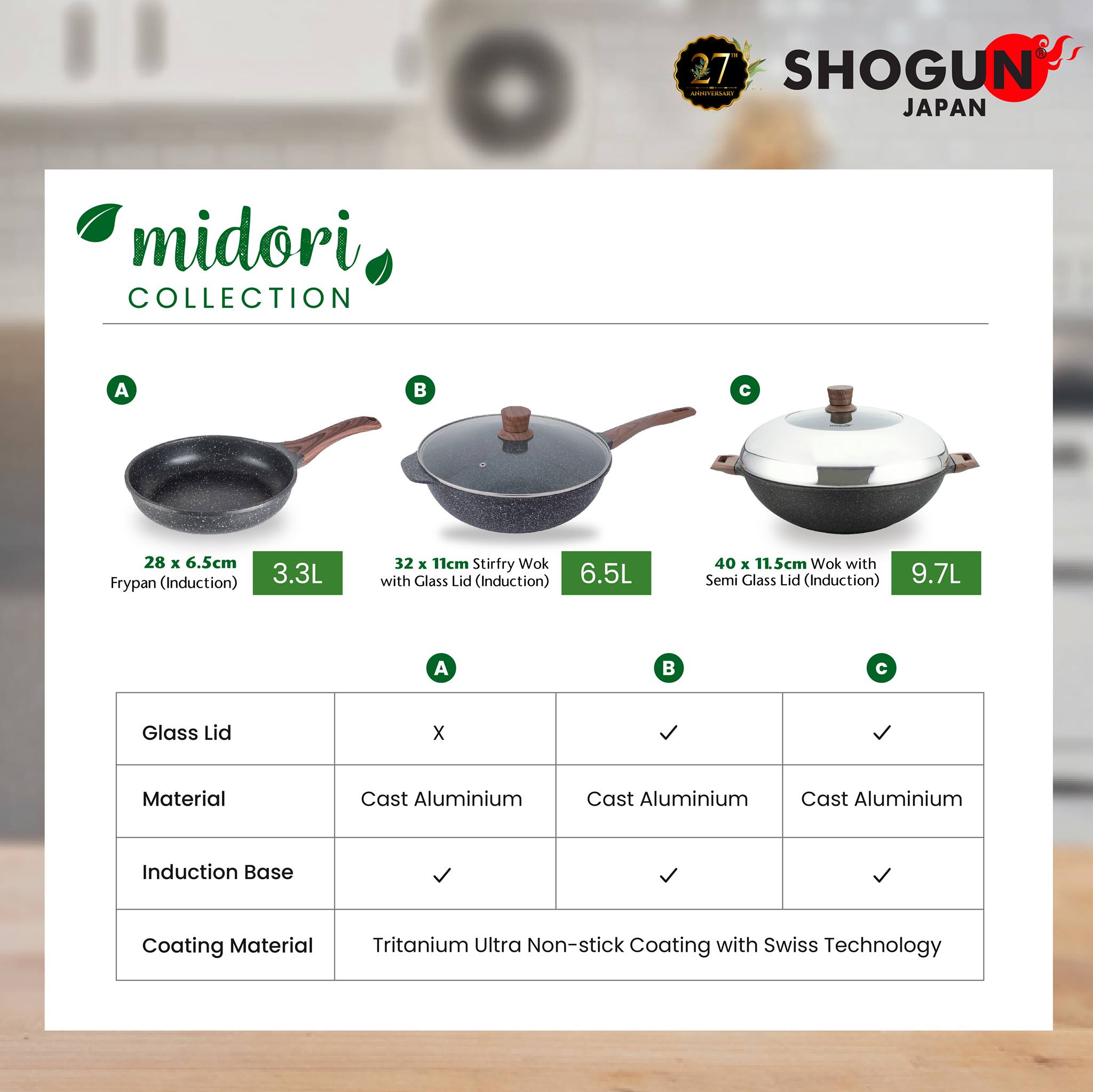 SHOGUN Midori Collection 32cm Stirfry Wok with Glass Lid