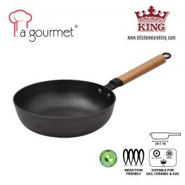 La gourmet 32cm x 9cm Nitrigan Cast Iron Open Wok with Double Wood Handles  with Induction